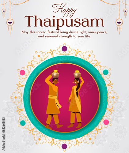 Thaipusam Hindu Festival Illustration with Devotees in Decorative Frame, Cultural and Religious Celebration Concept