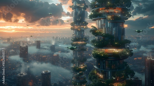 Futuristic cityscape with sustainable skyscrapers and flying cars