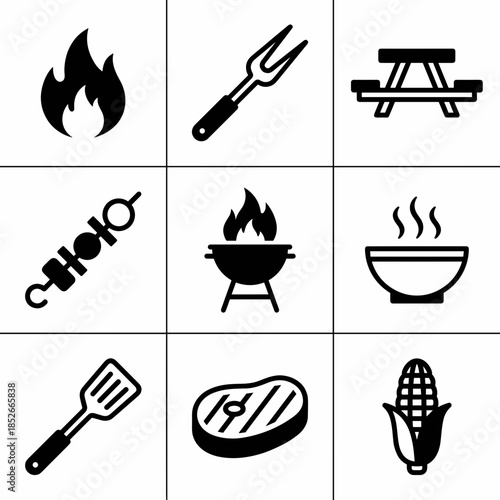 Black And White Barbecue Icons Set Featuring Grill, Picnic Table, Corn And Steak