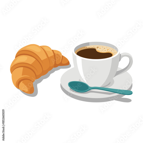 Delicious Croissant And Cup Of Coffee with Spoon On Saucer For Morning Breakfast