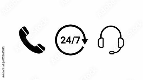 24/7 Support Available with Phone, Headset Icons for Customer Service Assistance