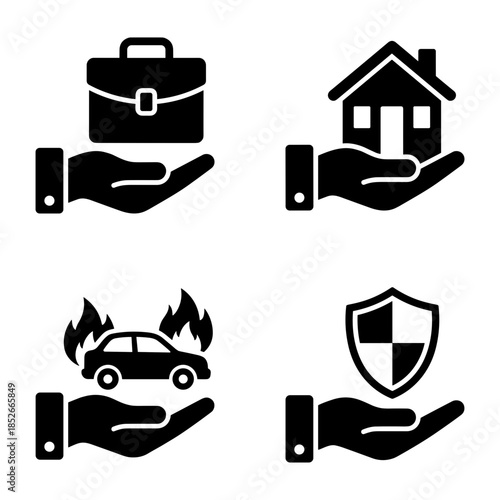 Hand Holding Icons Representing Protection of Property, Car, and Business