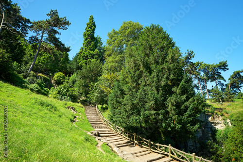 Stairs of the Buttes-Chaumont park 19th arrondissement of Paris city