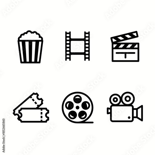 Movie Night Icons Set Popcorn, Film Reel, Clapperboard, Cinema Tickets, and Camera