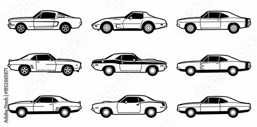 Vector Set of Classic American Muscle Cars in Black and White Outline