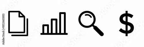 Copy, Stats, Magnifier, and Dollar Sign Financial Analysis And Document Search Icons