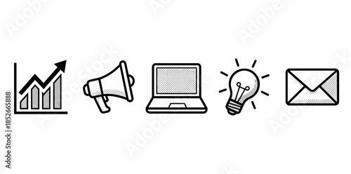 Increase Chart with Megaphone, Laptop, Light Bulb, and Envelope Icons Set for Business