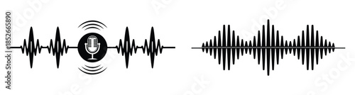 Microphone sound wave podcast audio vector set illustration black and white minimal design isolated icon