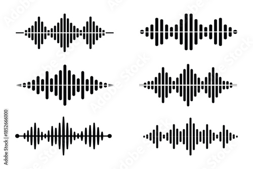 Microphone sound wave podcast audio vector set illustration black and white minimal design isolated icon