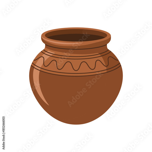 A simple brown clay pot with decorative etched patterns on its rim sits against a white background.