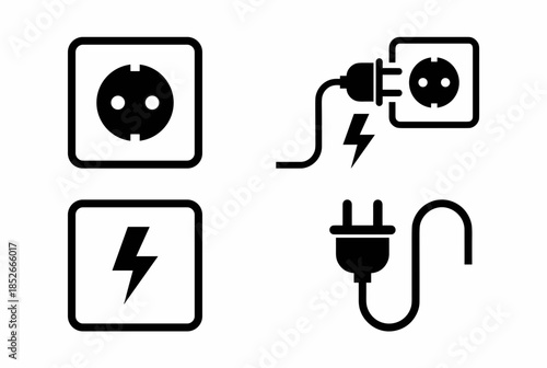 Socket Icons Set Featuring Electrical Plug and Lightning Bolt Symbol