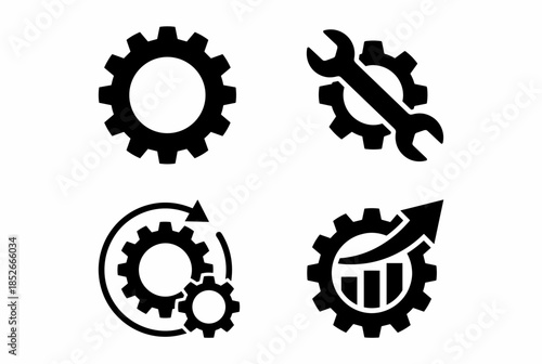 Black and White Gear Icon Set Depicting Mechanical Engineering and Technical Processes