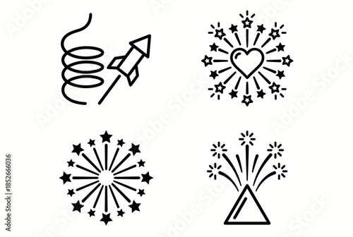 Celebration Icons Set with Firework, Rocket and Heart Shaped Sparkles for Festivities