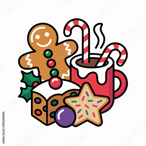 Christmas Treats Illustration with Gingerbread Man, Cookie, Candy Canes, and Mistletoe