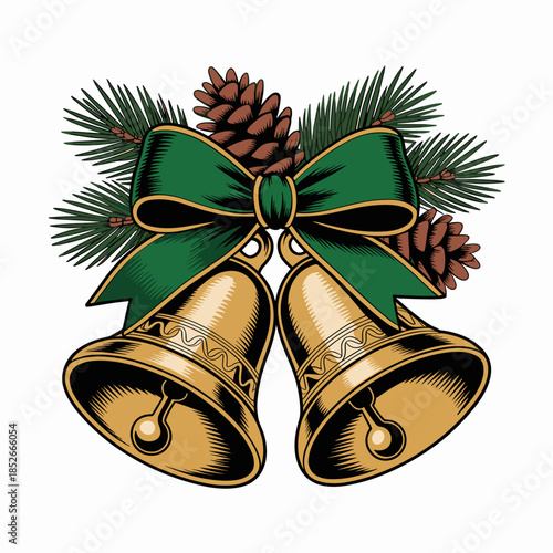 Golden Bells with Green Bows and Pinecones for Festive Christmas Decorations