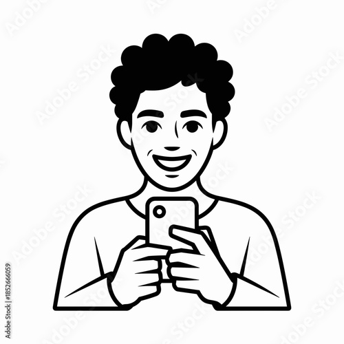 Smiling Man Holding a Smartphone Device With a Curly Hair and Using Mobile App