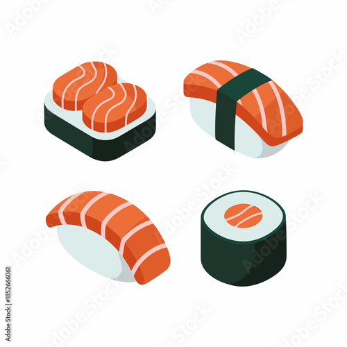 Four Isometric Style Sushi Rolls with Salmon Isolated on White Background