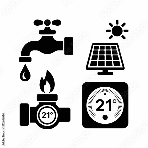 Water Faucet, Solar Panel, Thermostat, and Gas Burner Icons for Home Systems