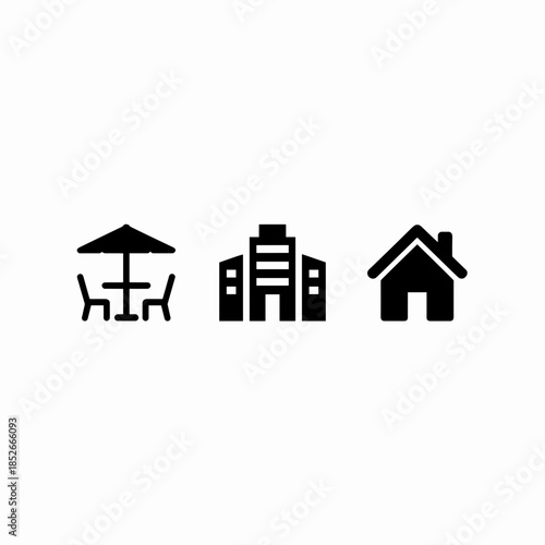 Black Simple Line Art Featuring Table and Umbrella, Office Building, House Icon