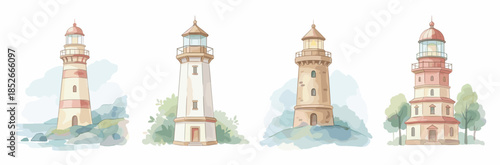 Watercolor Lighthouses Collection Diverse Seaside Navigation Beacons for Coastal Decoration