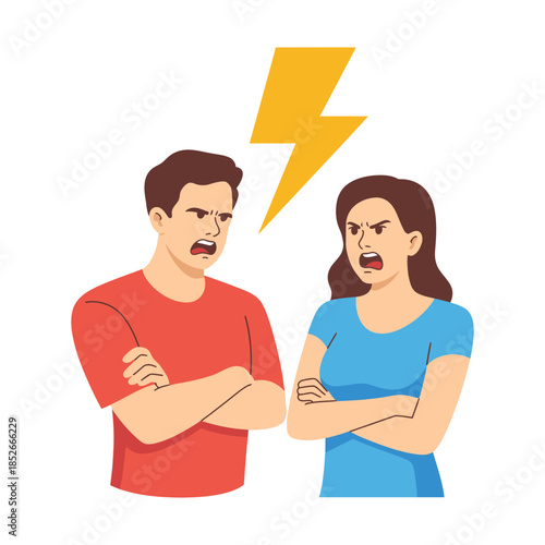 Two angry people with crossed arms argue under a lightning bolt symbol representing conflict.