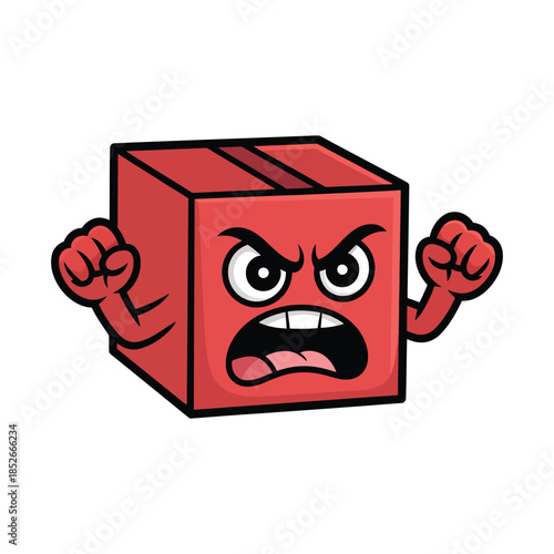 A red cartoon box character expresses intense anger with clenched fists and a furious facial expression.