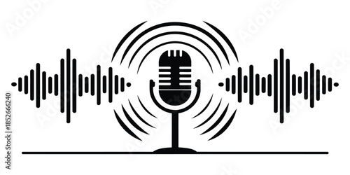 Microphone sound wave podcast audio vector set illustration black and white minimal design isolated icon