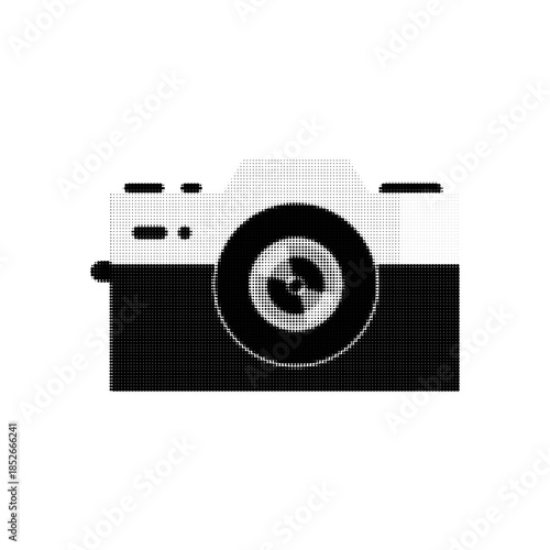 Retro photo camera icon in black and white halftone style. Minimal photography symbol with lens isolated on white background for media, technology, app, web or graphic design use.