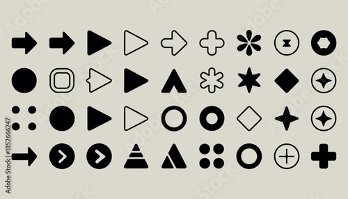 Black and white geometric shapes and symbols on beige background