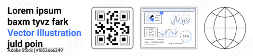 Digital connectivity, data processing, global communication, analytics, scanning, technology. QR code, analytical dashboard with graphs and globe icon. Technology and global communication concept