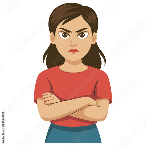 An illustration of an angry woman with crossed arms and a stern expression.