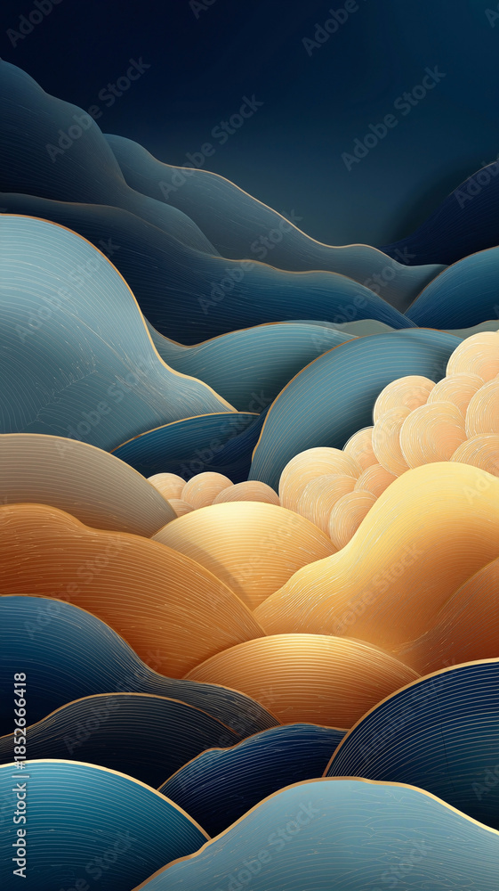 Obraz premium Sunlit Japanese Seigaiha pattern with indigo to gold gradient, vertical ocean wave motif lifestyle portrait with shallow depth of field, vibrant editorial composition for commercial use