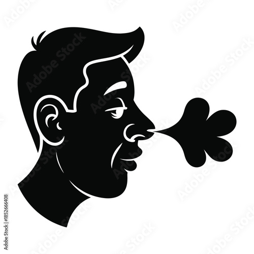 A man exhales air from his nose, depicted in a black and white graphic.