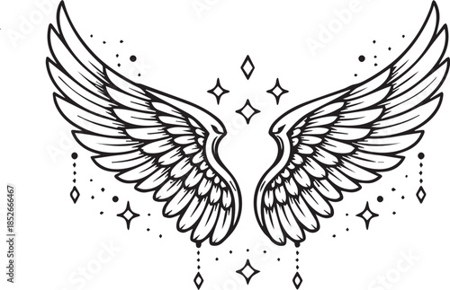 Sigilism tattoo design of angel wings with sacred symbols representing protection and ascension.