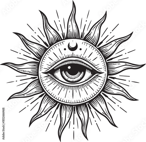 Sigilism tattoo design of an all seeing eye inside a radiant sun symbolizing cosmic awareness.