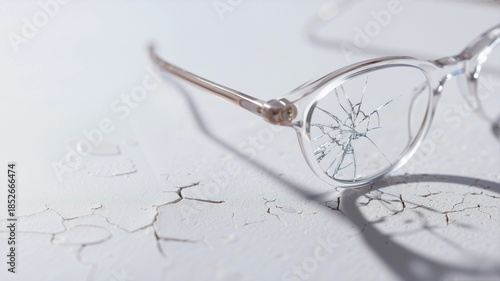 Conceptual close-up of clear-framed reading glasses with cracked lens on matte white surface, artistic fragmentation and mosaic optical illusion, editorial minimalist composition