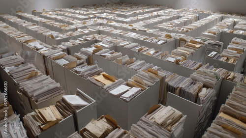 Aerial top-down view of infinite bureaucratic maze made of dense paper stacks and grey files, overwhelming complex landscape of paperwork and archive folders