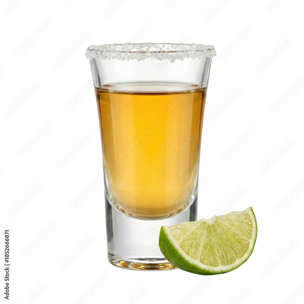 Obraz premium Gold tequila shot glass with salt and lime
