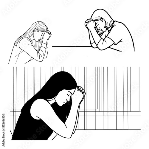 Silhouette of woman suffering mental health issues, sitting against window, depressed expression, looks down holding head on hands, melancholic