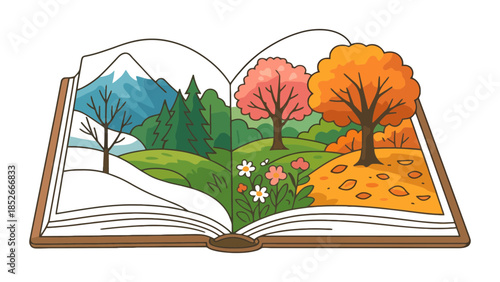 Open book displays the four seasons changing from winter to autumn in a vibrant landscape illustration.
