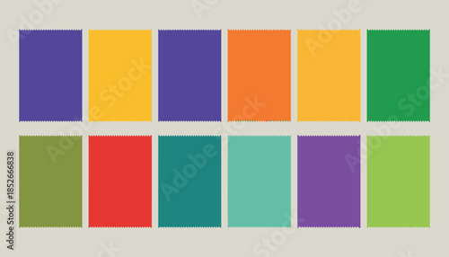 Color swatches in various shades and hues arranged in two rows fabric swatches color palette textile samples