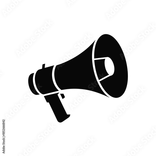 A black silhouette of a megaphone is depicted against a white background.