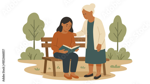 Kind grandmother offers comfort and support to a young woman reading outdoors.
