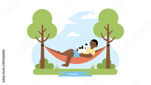 Relaxed person enjoying a peaceful moment reading in a hammock outdoors with a dog.