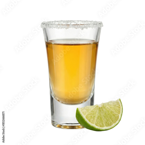Fotografie Gold tequila shot glass with salt and lime