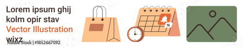 Ecommerce, time management, notifications, scheduling, organization, digital tools. Shopping bag, clock calendar with alert landscape graphic. Ecommerce and time management concept