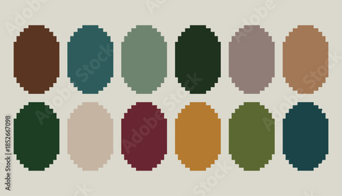 Pixelated color palette with 12 oval shapes in various earthy tones pixel color palette ovals beige background