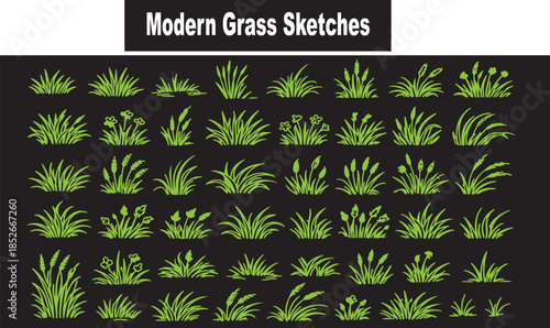 Hand drawn green grass tufts and wild meadow plants silhouette sketches set on black background