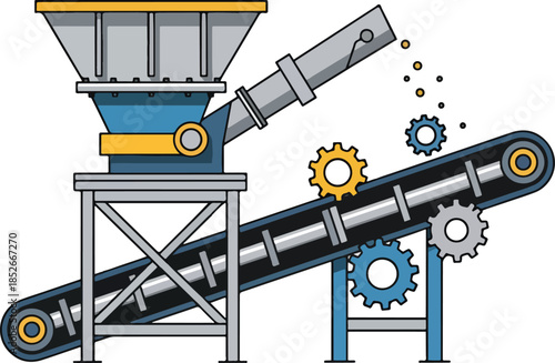 Illustration of industrial machinery featuring a hopper conveyor belt and gears