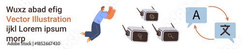 Translation services, language learning, global networks, security, video surveillance, communication. Man reacting to cameras, language icons with translation symbols. Translation services